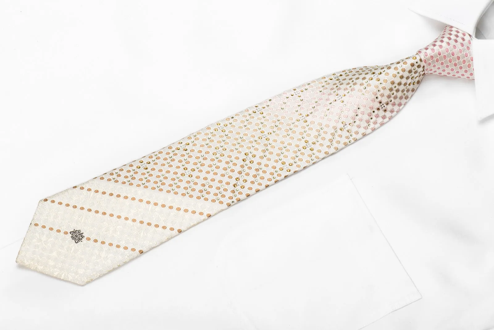 Nicole St Giles Men's Men's Crystal Silk Necktie Pink Beige Checkered On Ivory White Anthemion With Sparkles