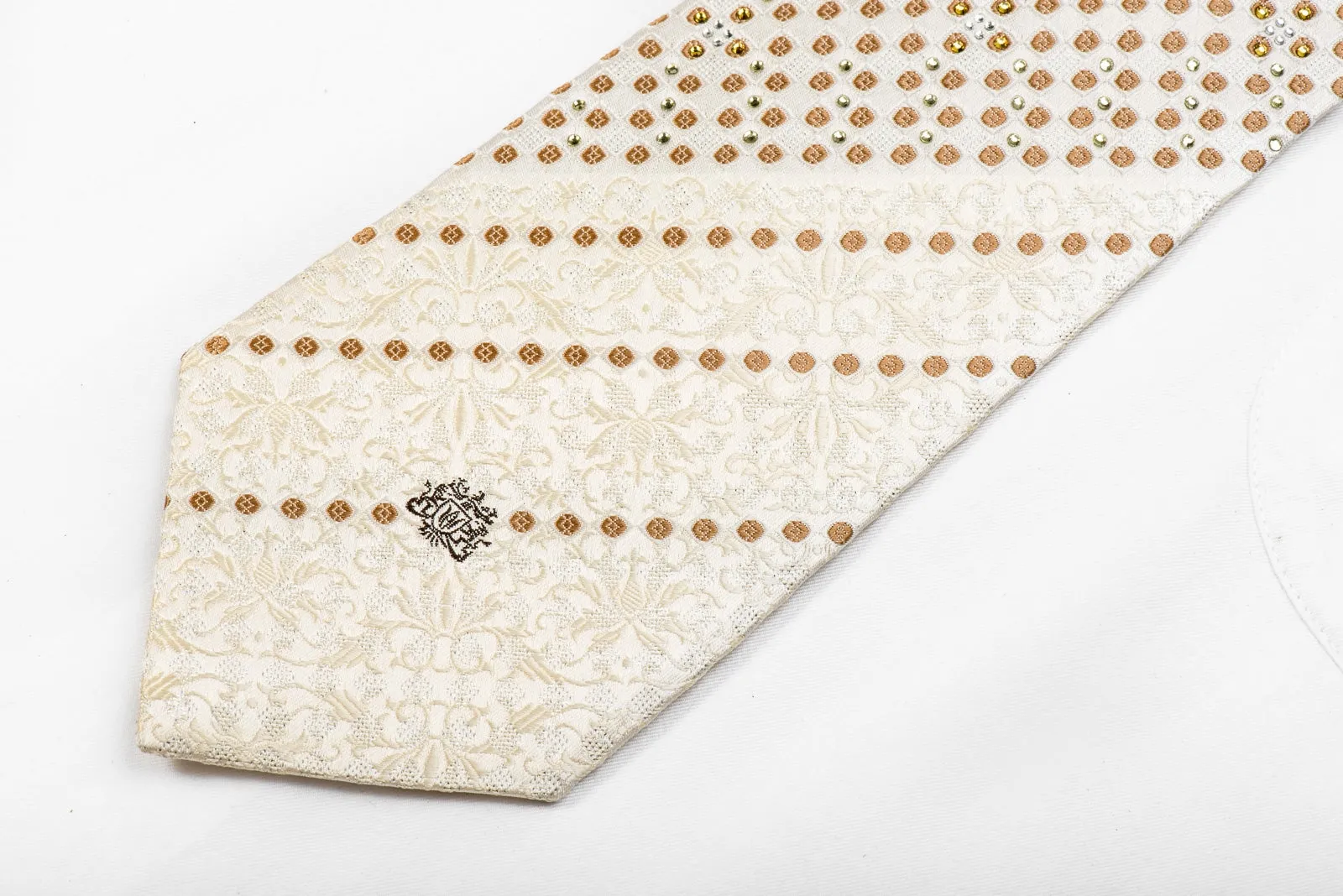 Nicole St Giles Men's Men's Crystal Silk Necktie Pink Beige Checkered On Ivory White Anthemion With Sparkles