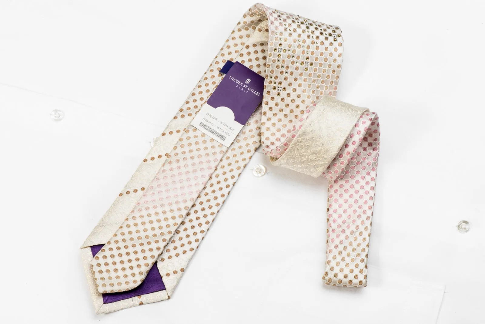 Nicole St Giles Men's Men's Crystal Silk Necktie Pink Beige Checkered On Ivory White Anthemion With Sparkles