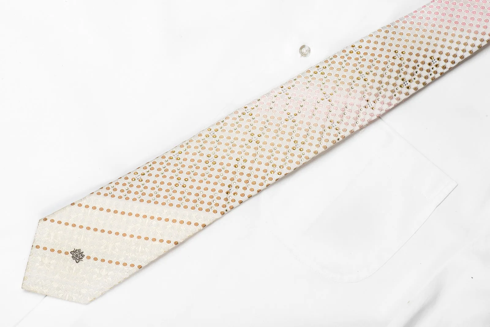 Nicole St Giles Men's Men's Crystal Silk Necktie Pink Beige Checkered On Ivory White Anthemion With Sparkles