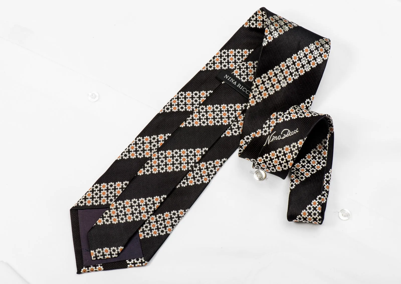 Nina Ricci Men's Black Silk Tie Floral On Black Sparkling With Rhinestones