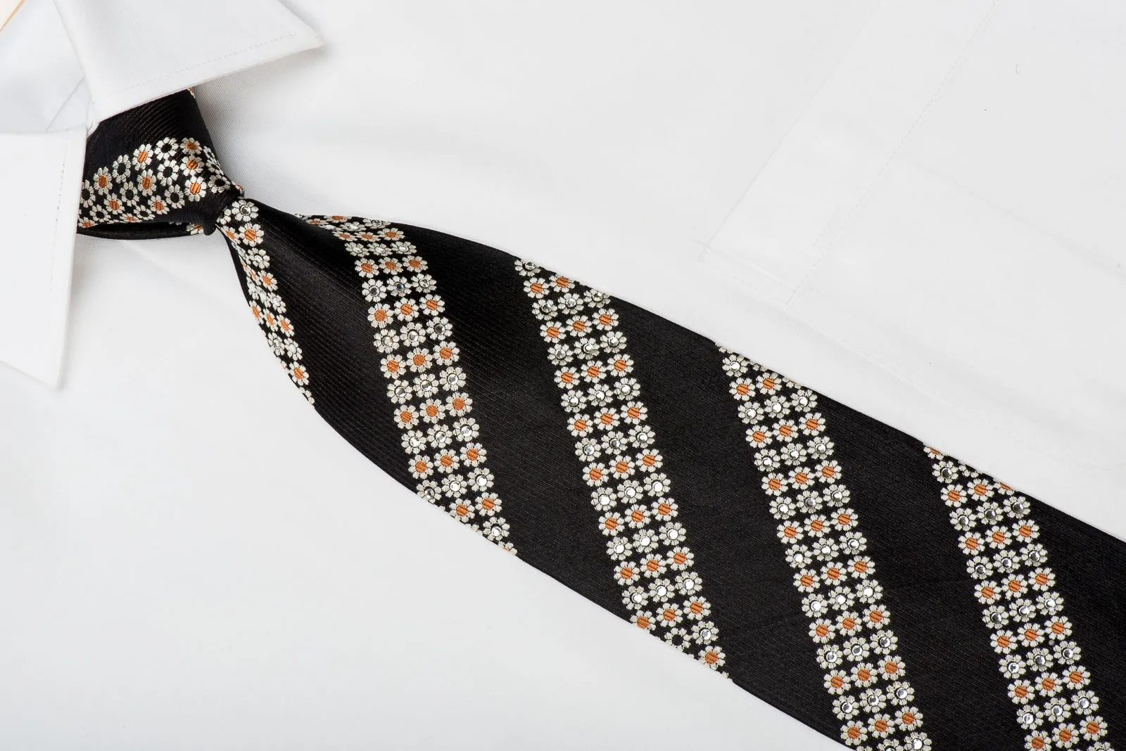 Nina Ricci Men's Black Silk Tie Floral On Black Sparkling With Rhinestones