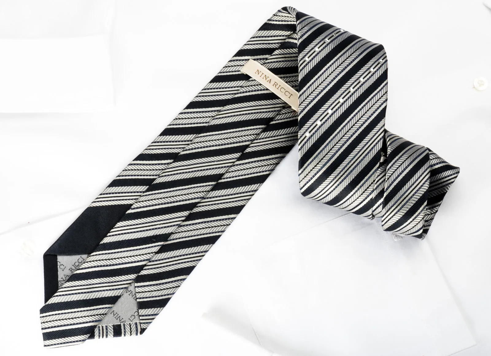 Nina Ricci Men's Rhinestone Silk Necktie Silver Striped On Black With Sparkles