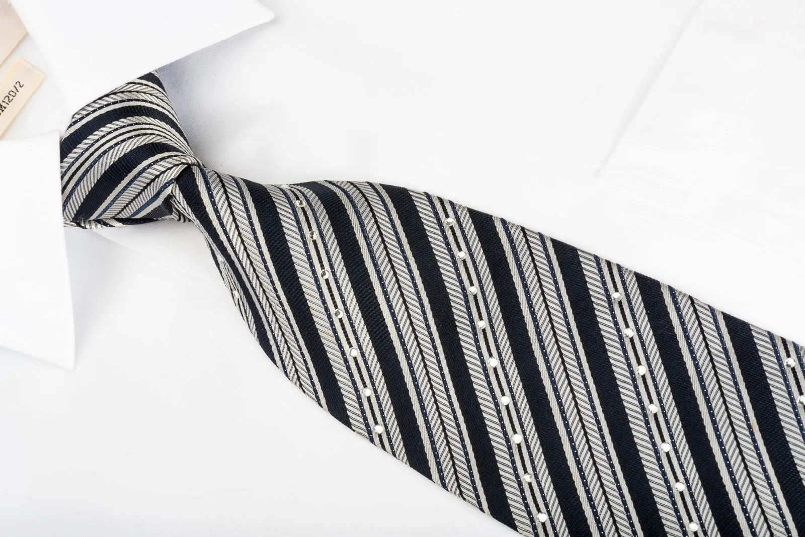 Nina Ricci Men's Rhinestone Silk Necktie Silver Striped On Black With Sparkles