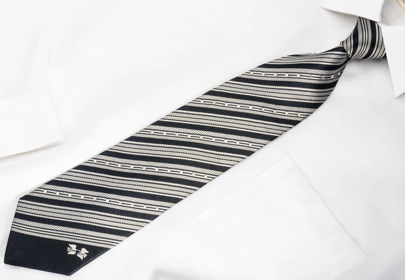 Nina Ricci Men's Rhinestone Silk Necktie Silver Striped On Black With Sparkles