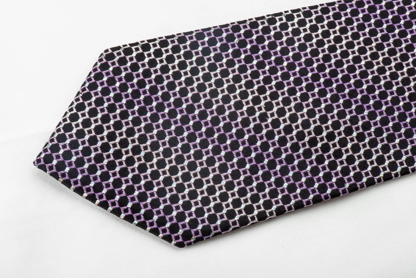 Nina Ricci Men's Silk Necktie Purple Geometric Trellis On Black With Silver Sparkles