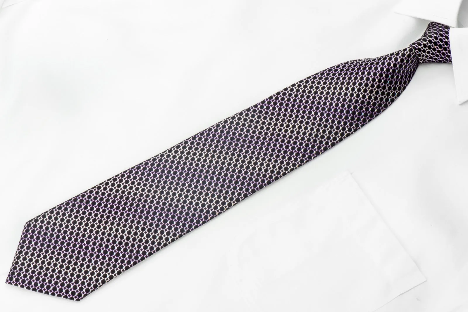 Nina Ricci Men's Silk Necktie Purple Geometric Trellis On Black With Silver Sparkles