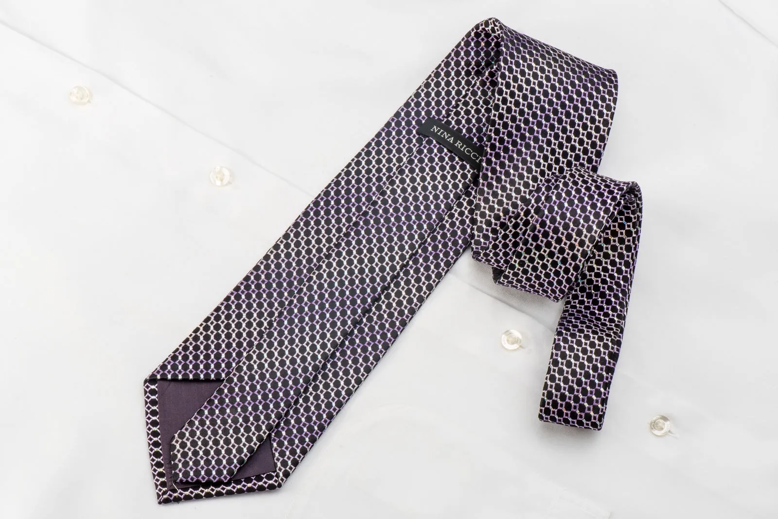 Nina Ricci Men's Silk Necktie Purple Geometric Trellis On Black With Silver Sparkles