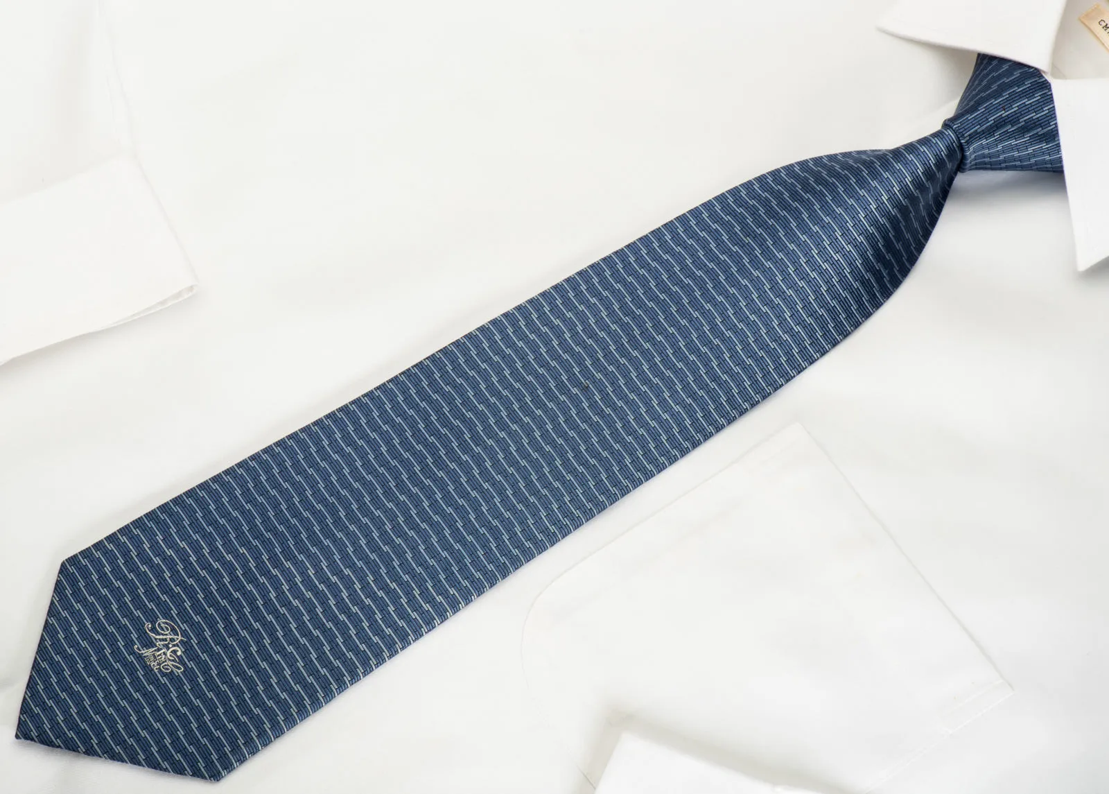 Nina Ricci Silk Necktie Blue Geometric On Navy Classic 3 3/4 Inch