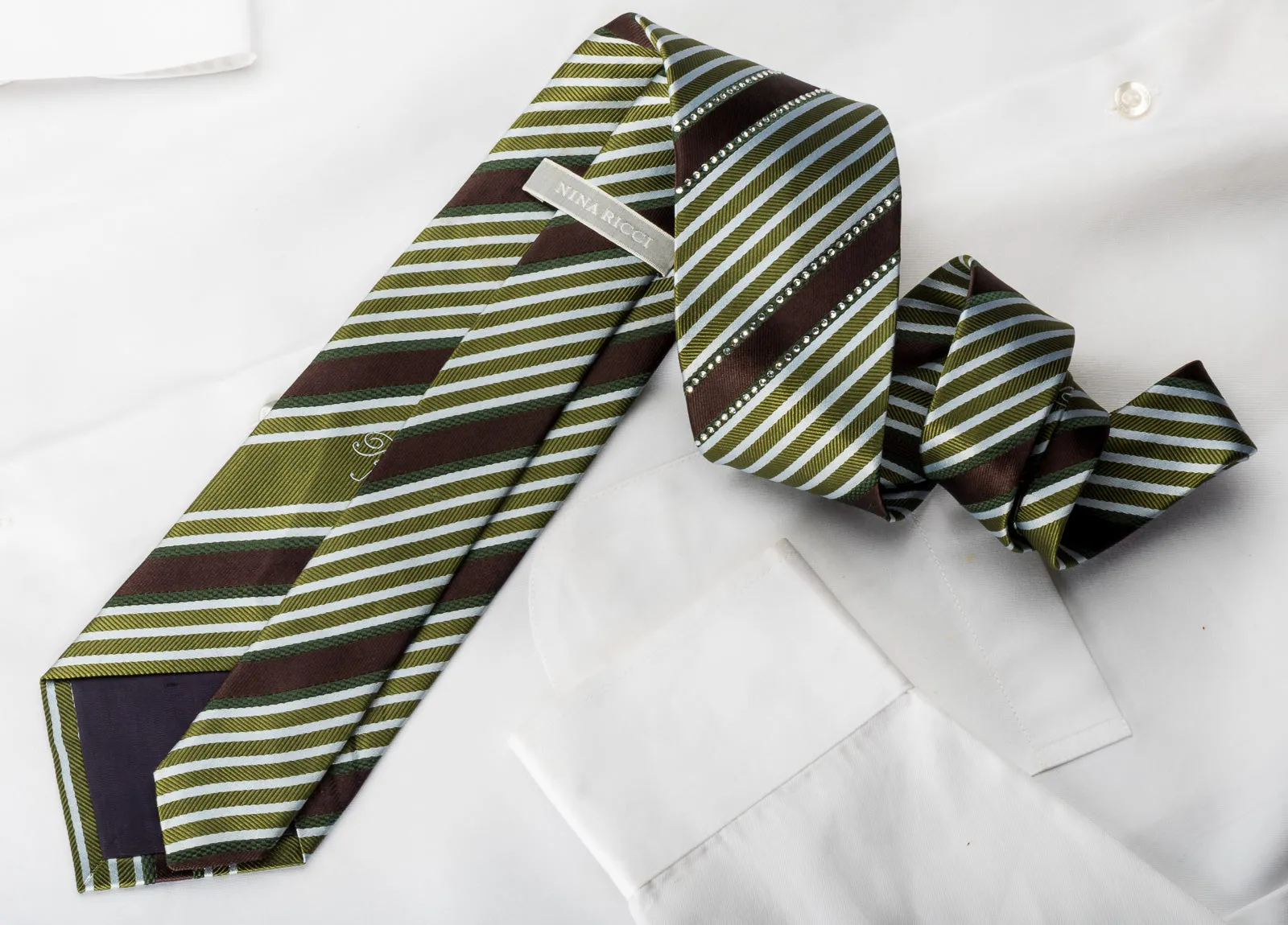 Nina Ricci Silk Necktie Green Brown Silver Striped Sparkling With Rhinestones