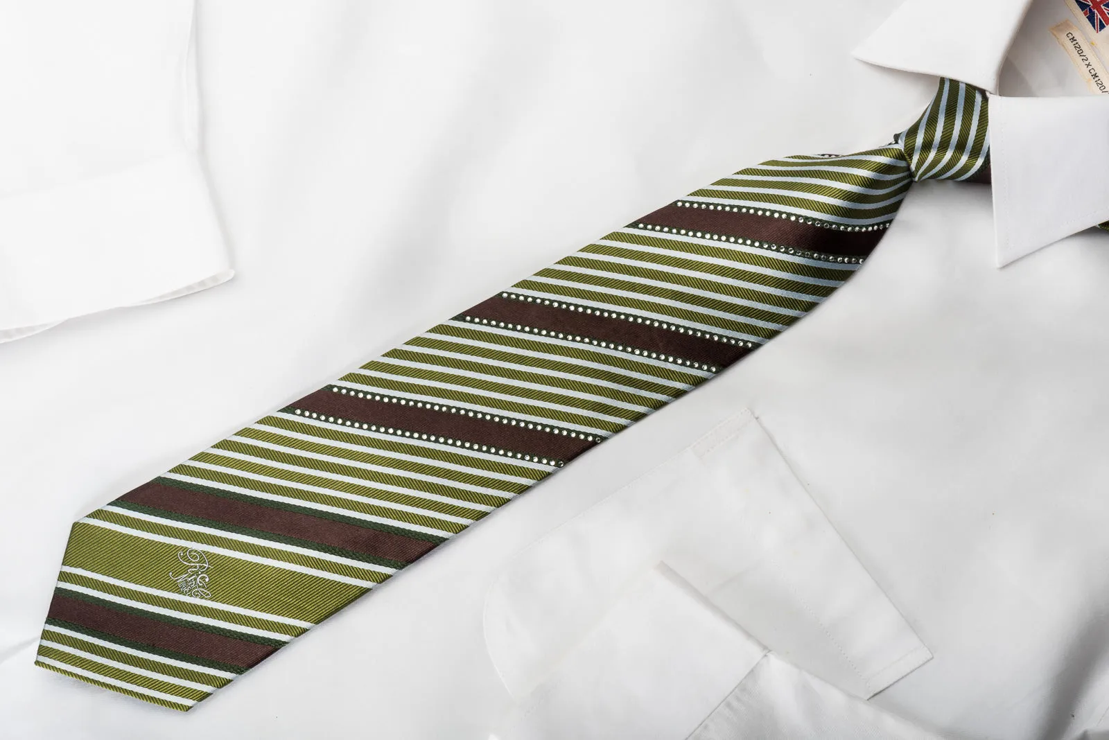 Nina Ricci Silk Necktie Green Brown Silver Striped Sparkling With Rhinestones