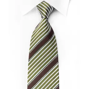 Nina Ricci Silk Necktie Green Brown Silver Striped Sparkling With Rhinestones