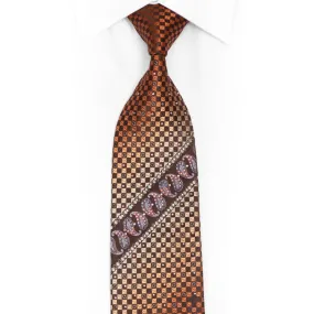 Orange Brown Checkered Paisley Rhinestone Silk Tie With Silver Sparkles