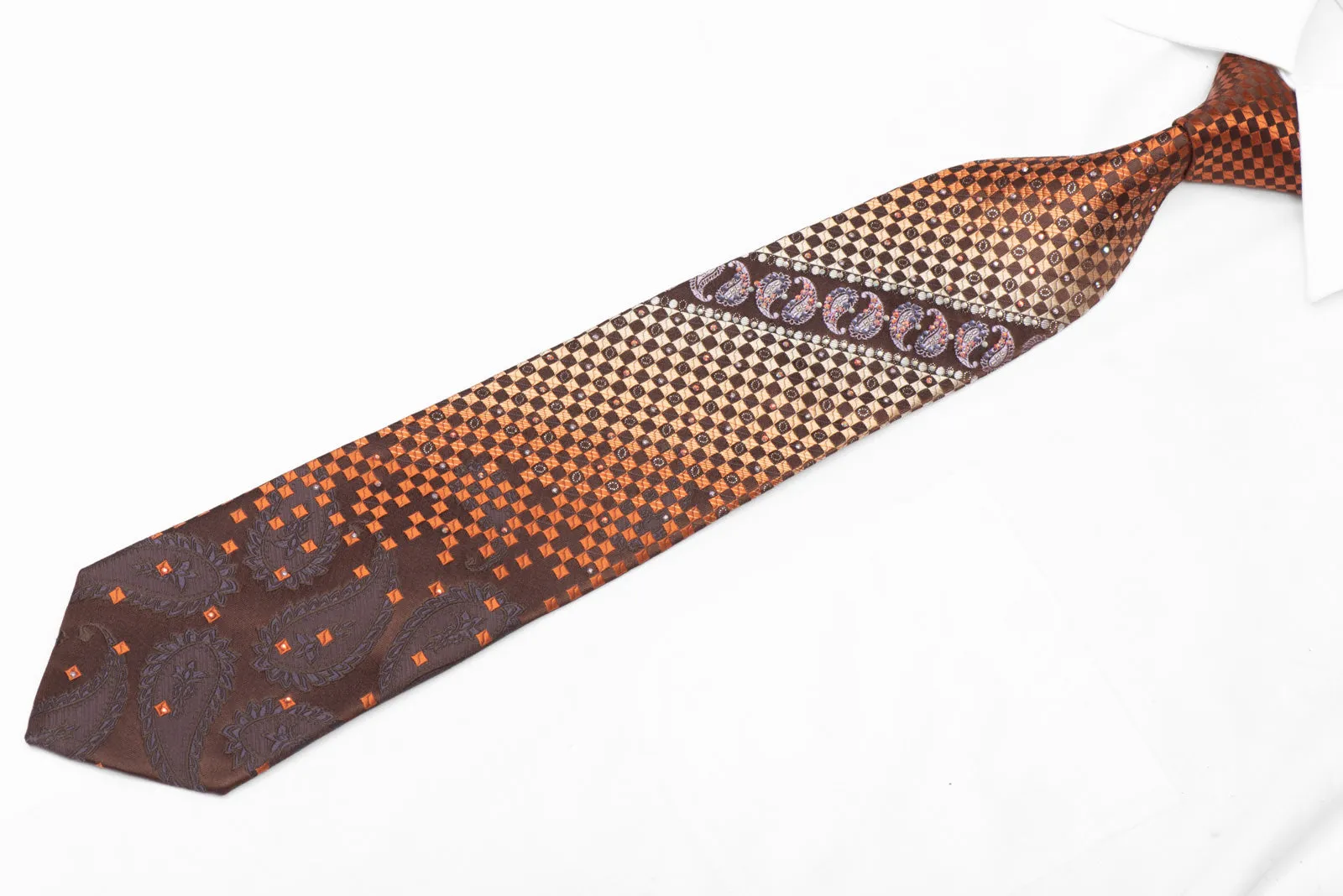 Orange Brown Checkered Paisley Rhinestone Silk Tie With Silver Sparkles