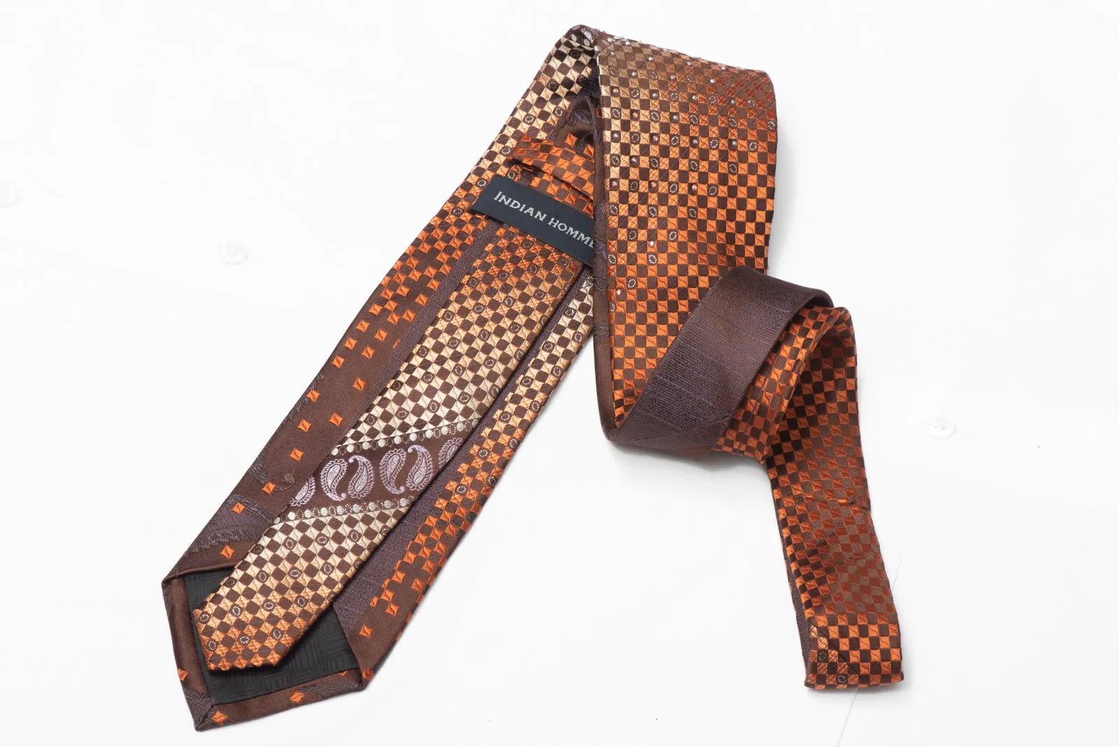Orange Brown Checkered Paisley Rhinestone Silk Tie With Silver Sparkles