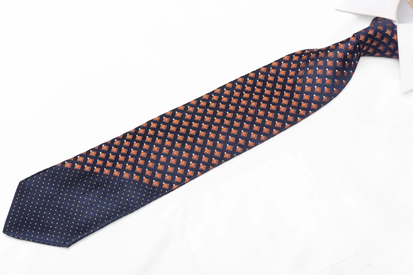 Orange Geometric On Navy Blue Rhinestone Silk Necktie With Gold Sparkles