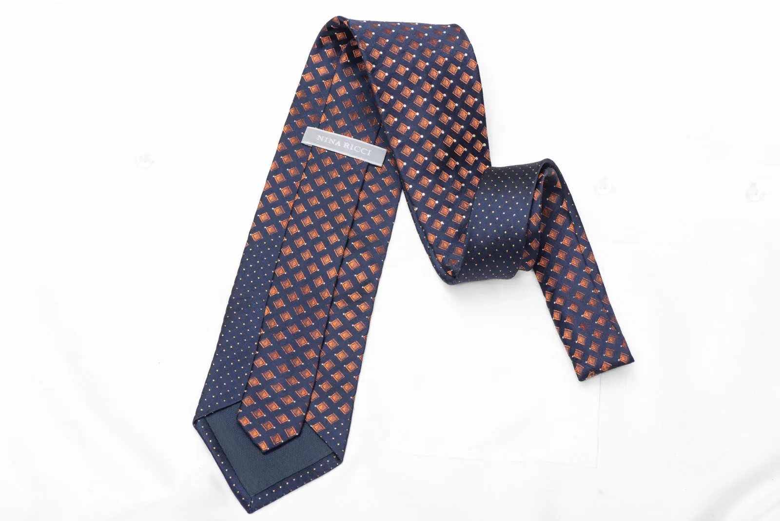Orange Geometric On Navy Blue Rhinestone Silk Necktie With Gold Sparkles