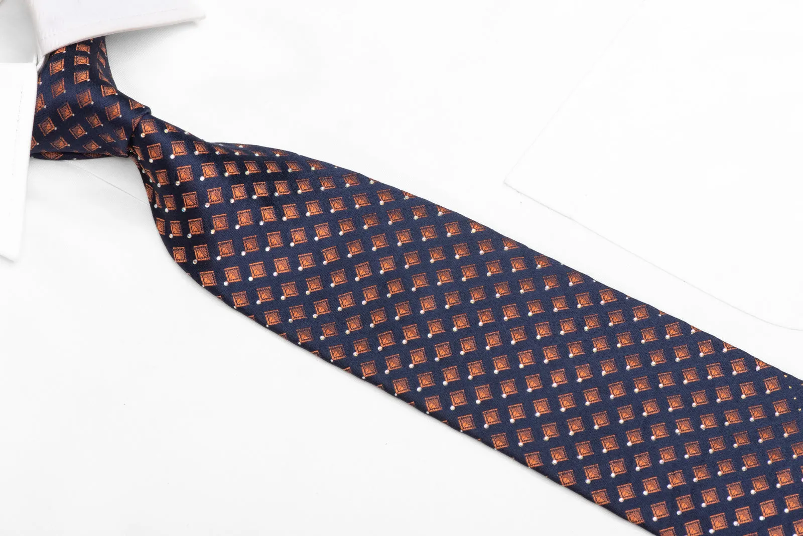Orange Geometric On Navy Blue Rhinestone Silk Necktie With Gold Sparkles