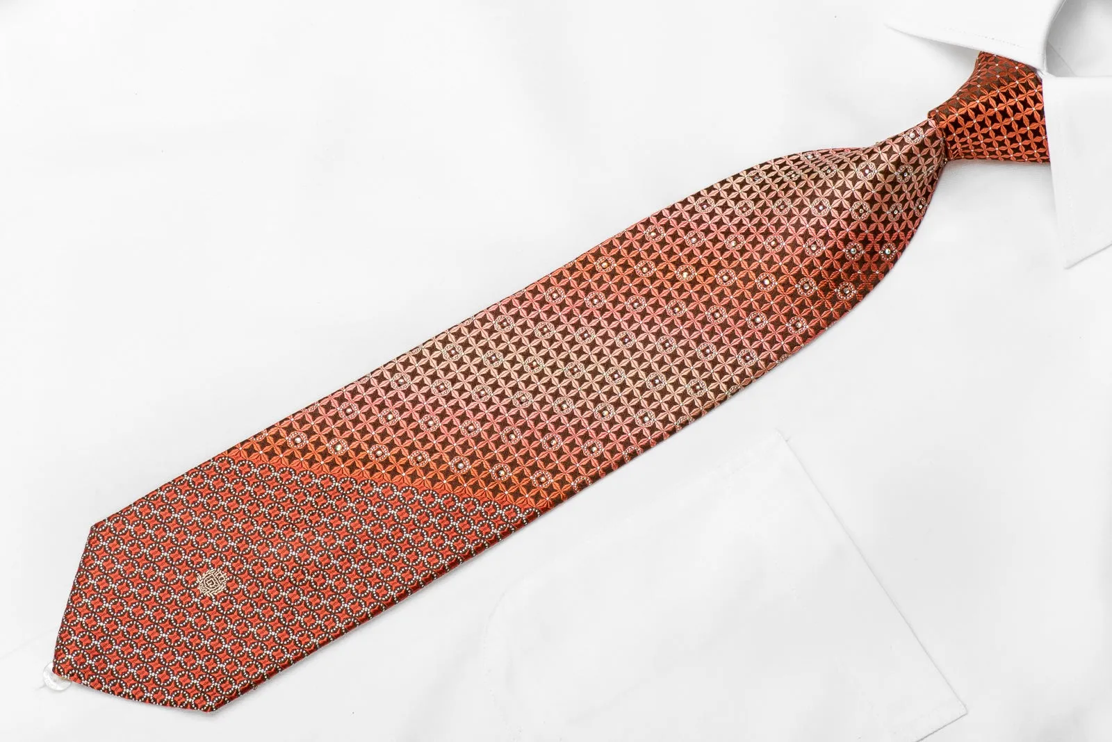 Paco Rabanne Men's Crystal Silk Tie Orange Geometric On Brown With Silver Sparkles
