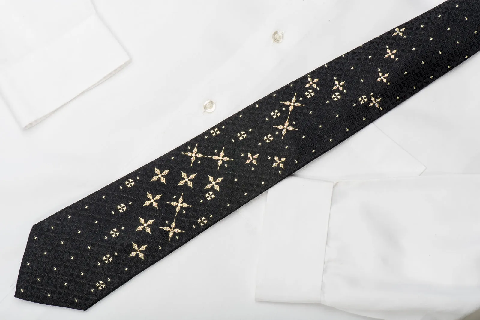 Paco Rabanne Rhinestone Silk Tie Golden Stars On Black with Sparkles