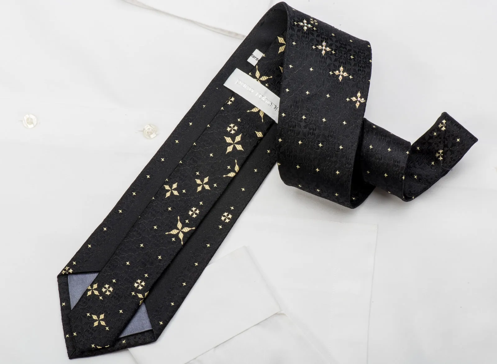 Paco Rabanne Rhinestone Silk Tie Golden Stars On Black with Sparkles
