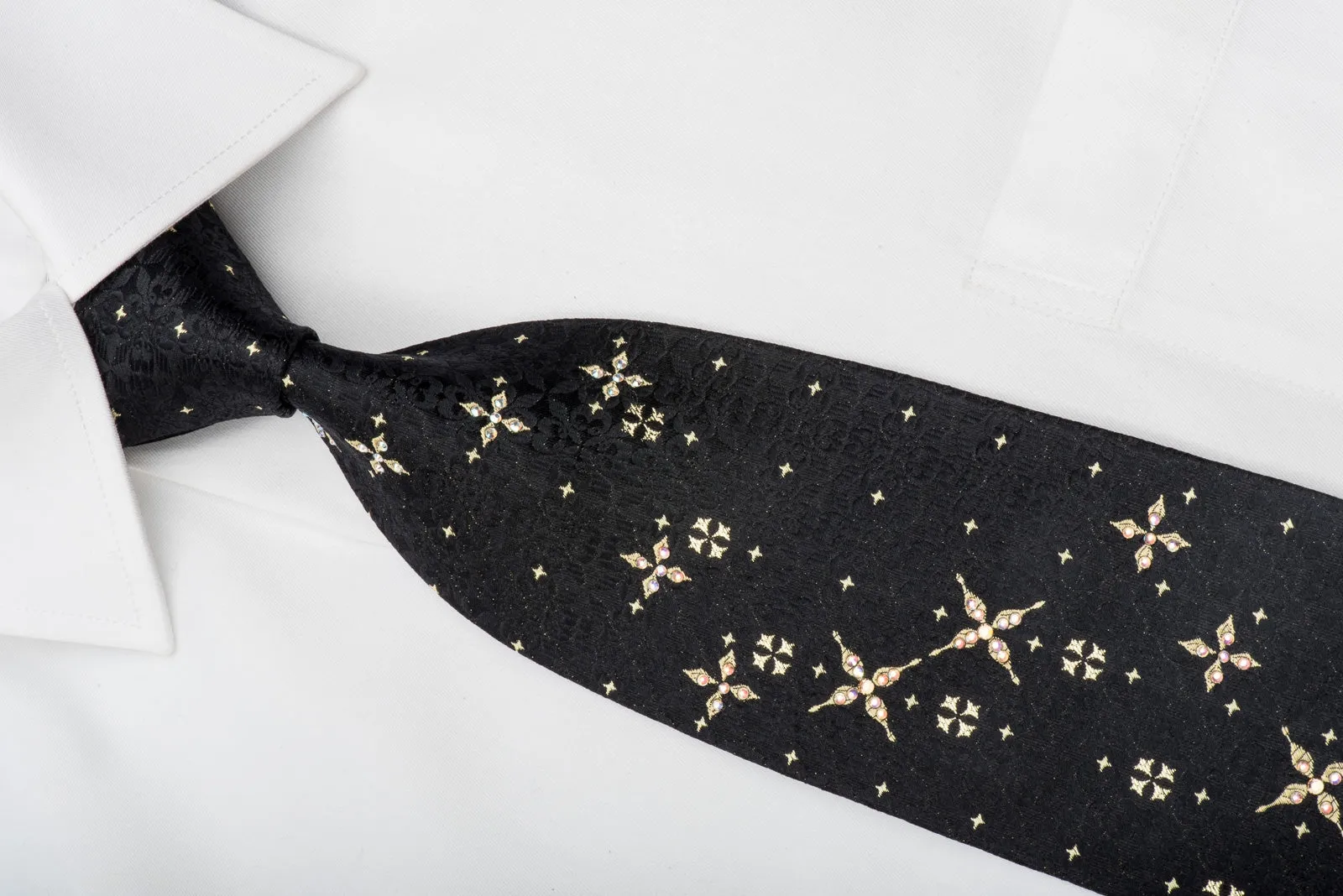 Paco Rabanne Rhinestone Silk Tie Golden Stars On Black with Sparkles