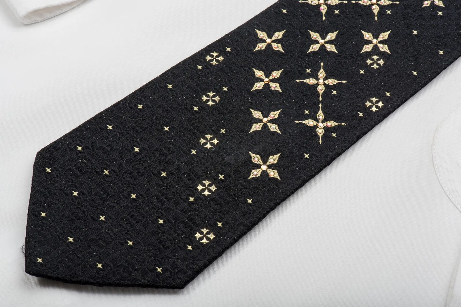 Paco Rabanne Rhinestone Silk Tie Golden Stars On Black with Sparkles