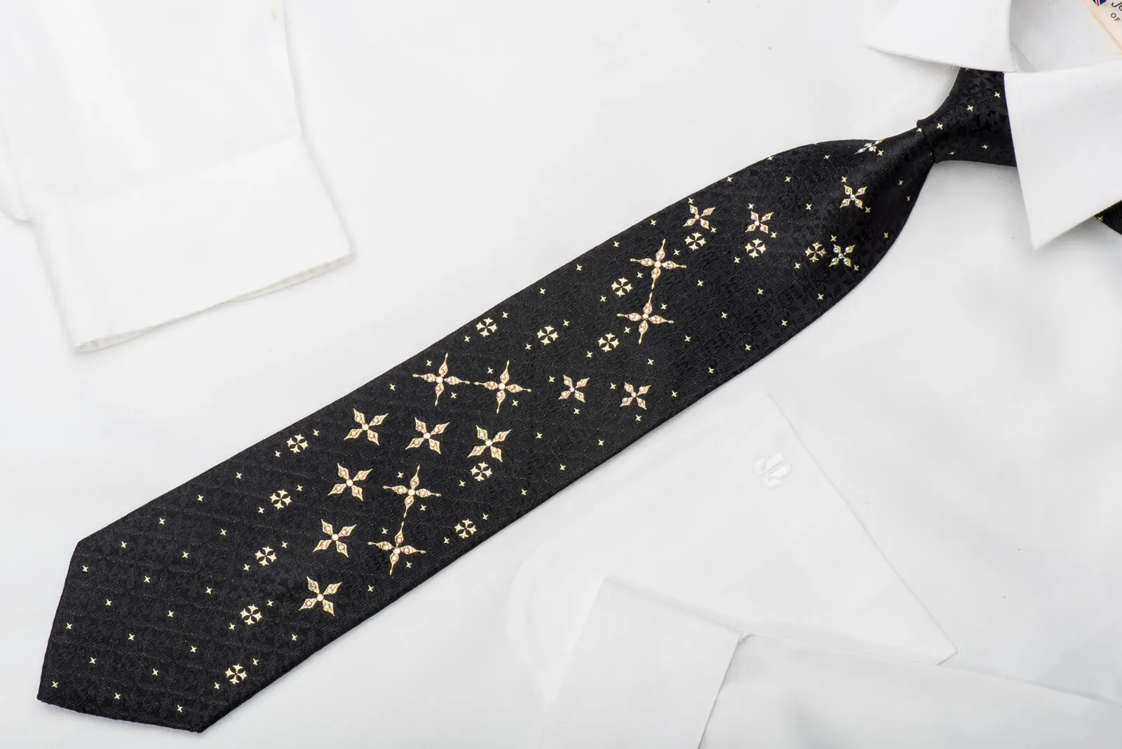 Paco Rabanne Rhinestone Silk Tie Golden Stars On Black with Sparkles