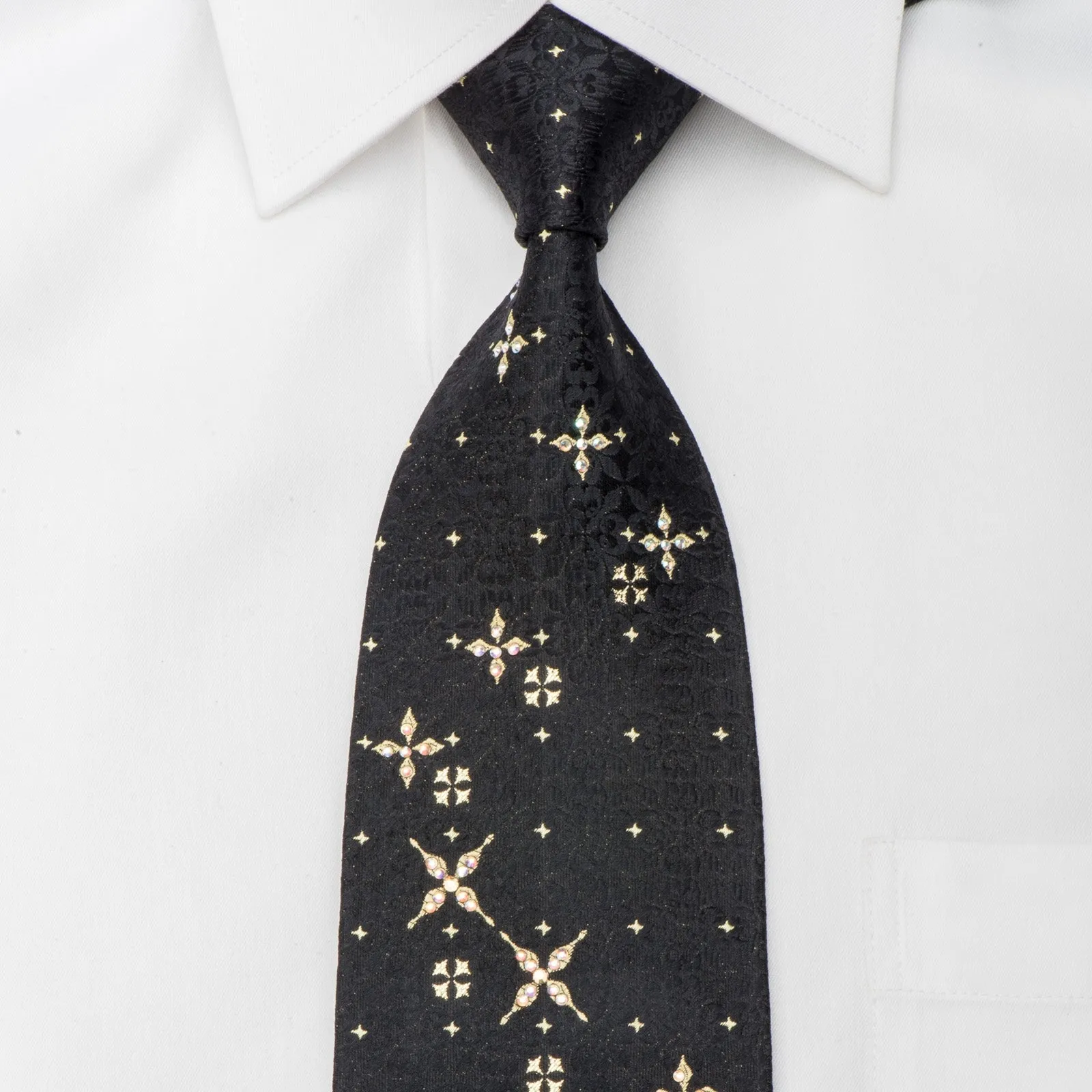 Paco Rabanne Rhinestone Silk Tie Golden Stars On Black with Sparkles