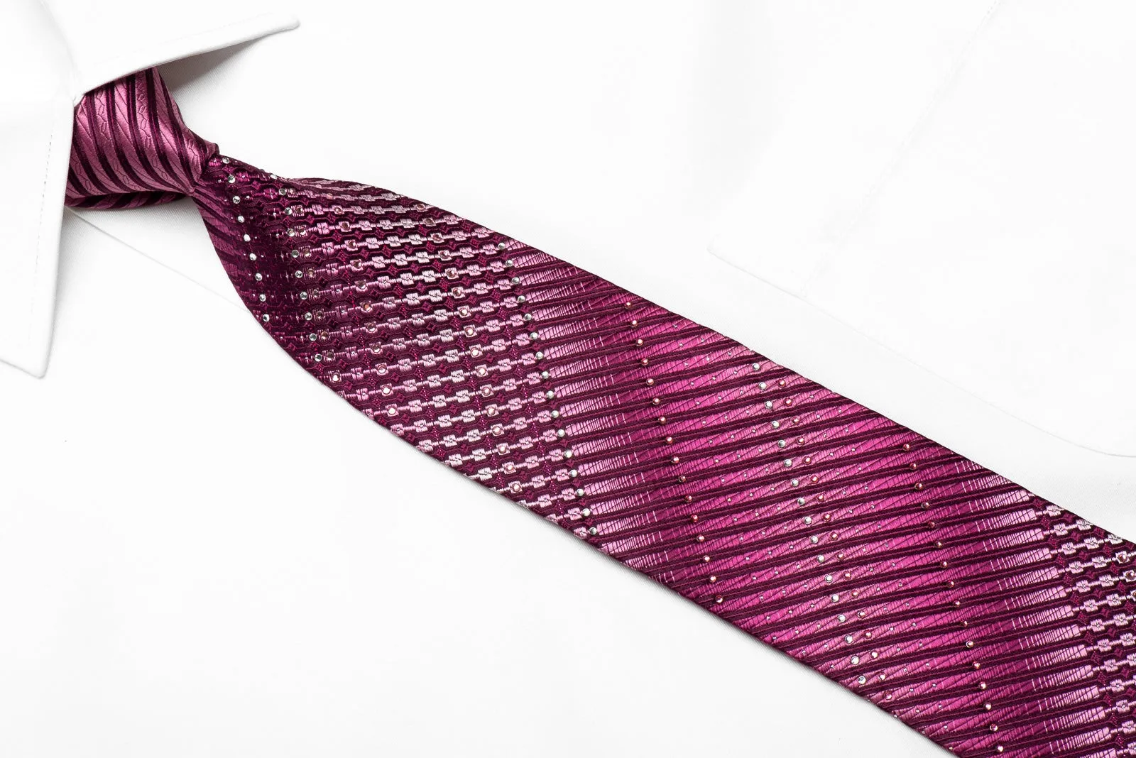 Parkland Men's Crystal Silk Necktie Geometric Striped On Purple With Silver Sparkles