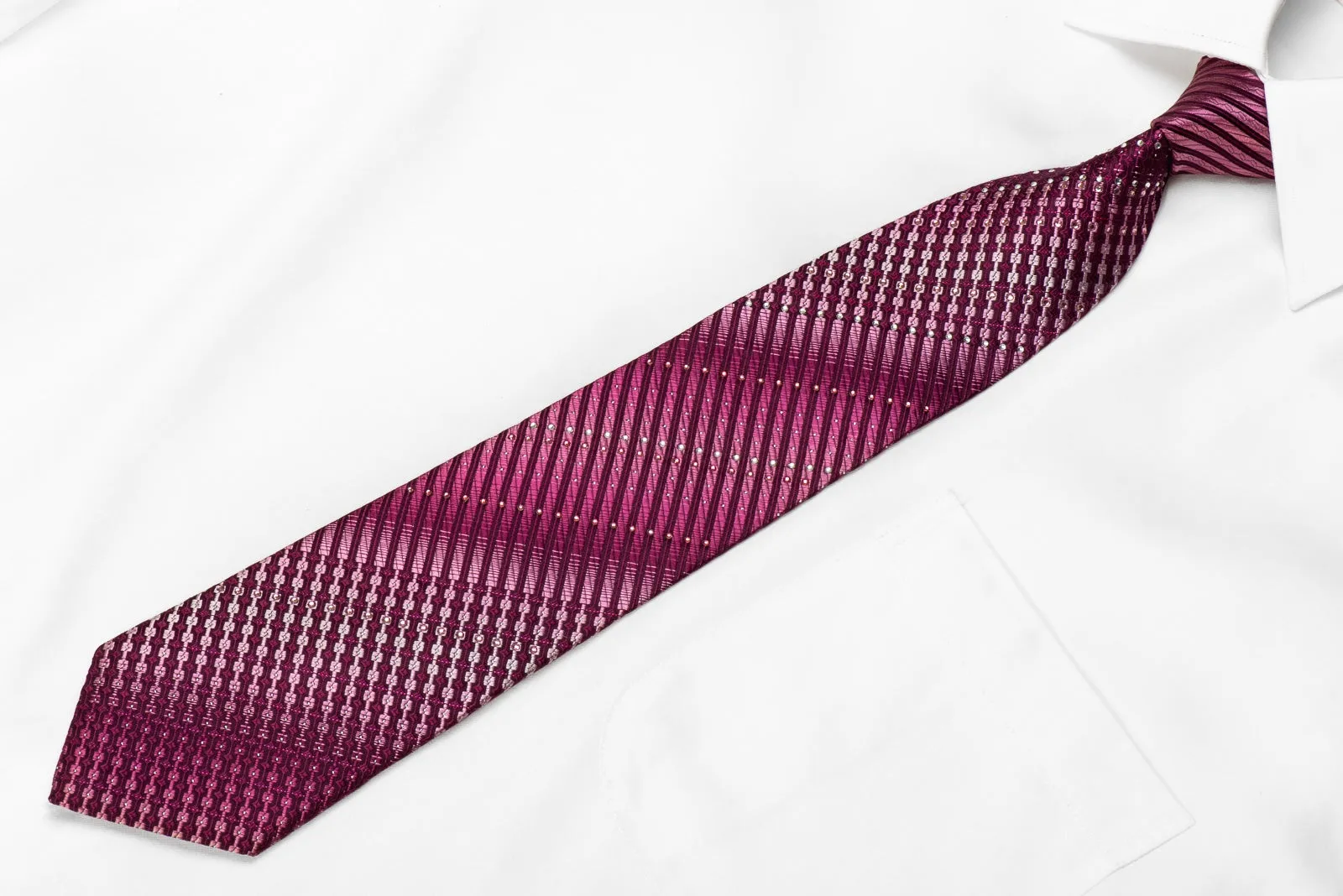 Parkland Men's Crystal Silk Necktie Geometric Striped On Purple With Silver Sparkles
