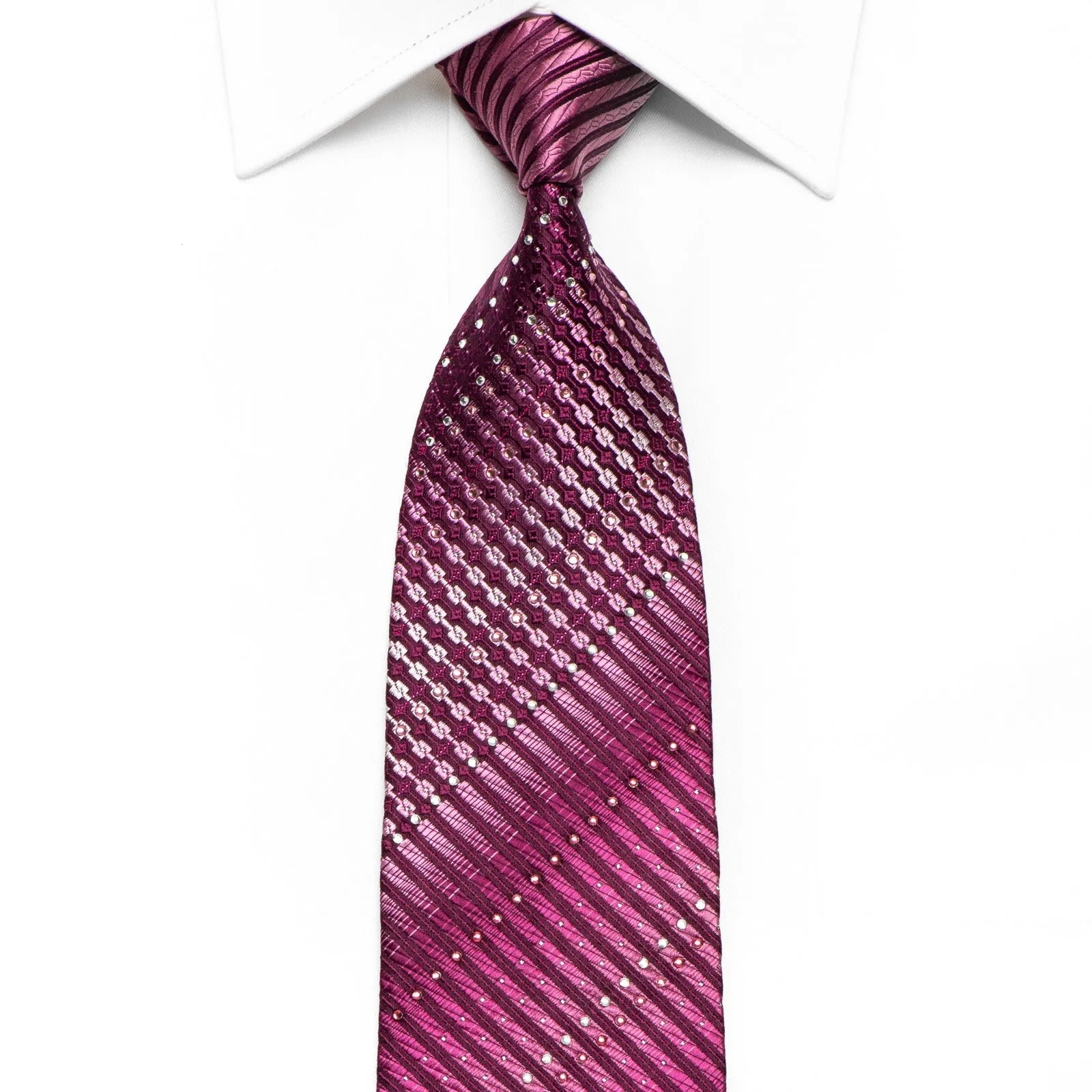 Parkland Men's Crystal Silk Necktie Geometric Striped On Purple With Silver Sparkles