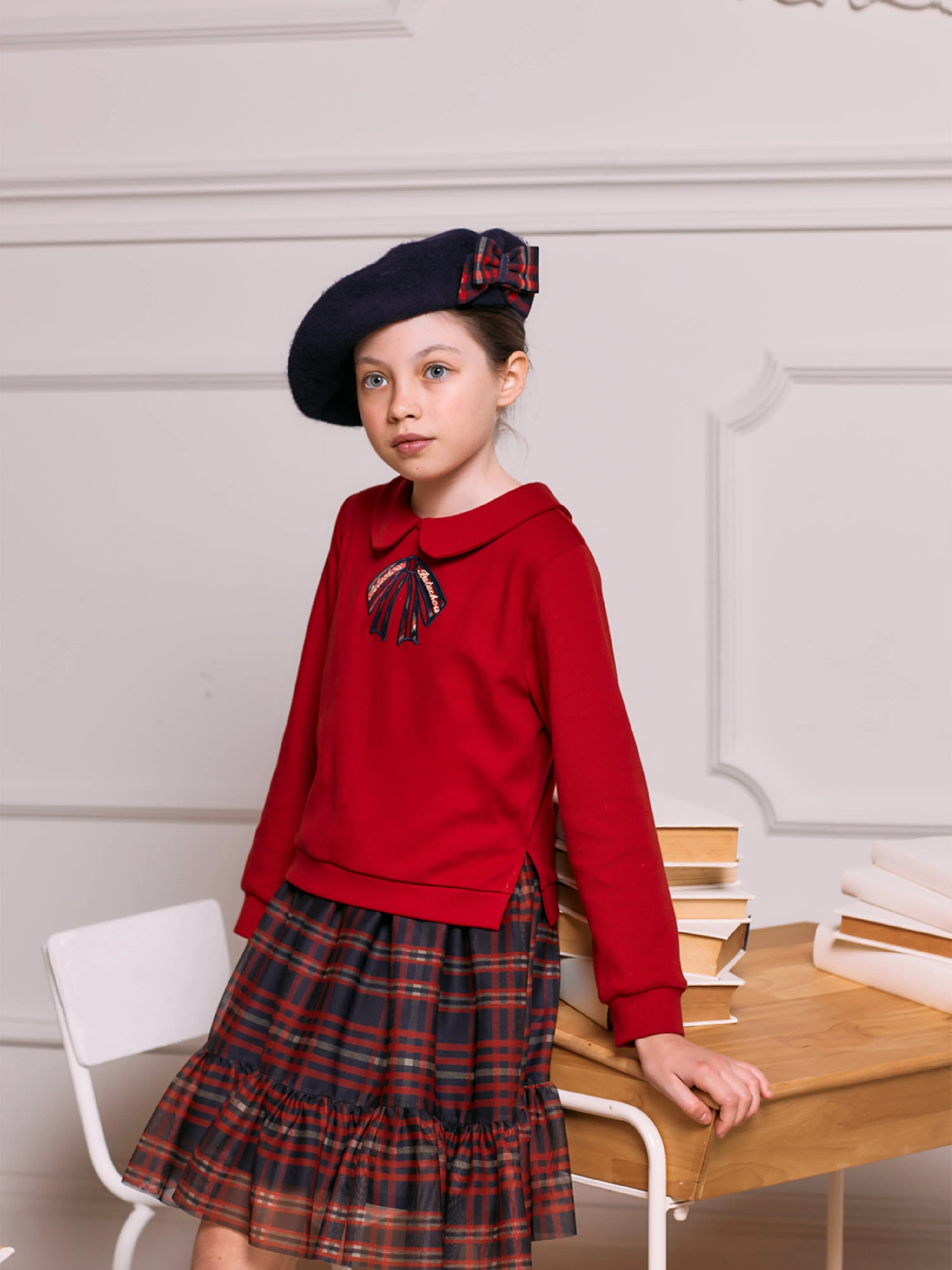 Patachou Girls Tartan Bow Beret in Navy
