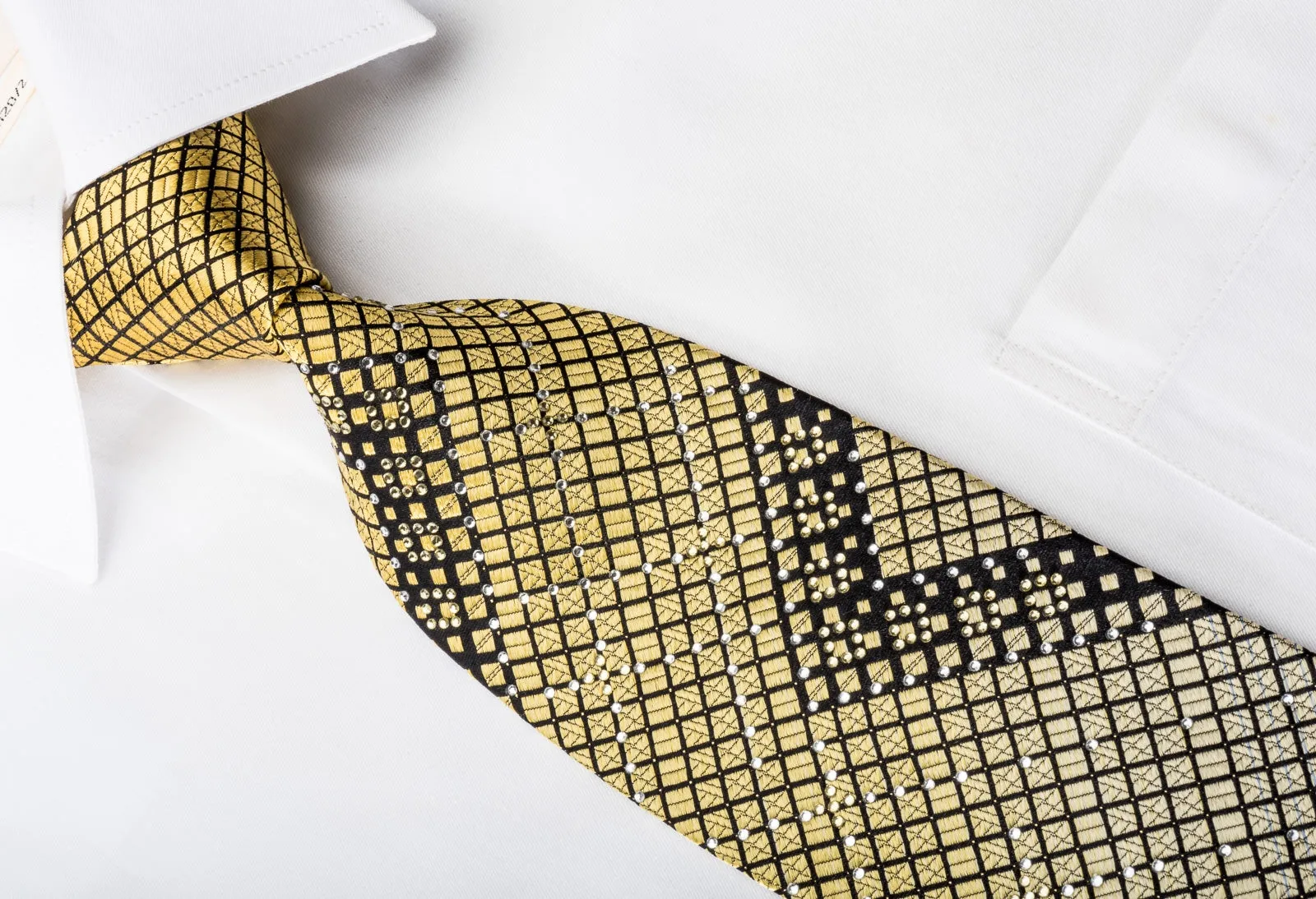 Perry Ellis Rhinestone Necktie Yellow Blue Geometric Squares On Black With Silver Sparkles