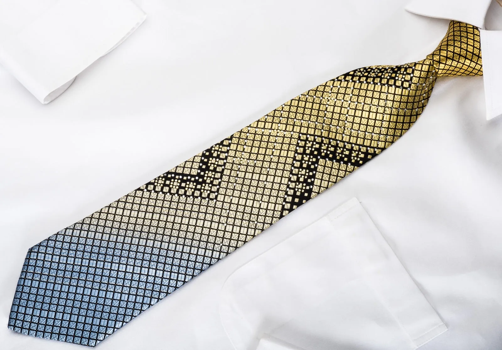 Perry Ellis Rhinestone Necktie Yellow Blue Geometric Squares On Black With Silver Sparkles