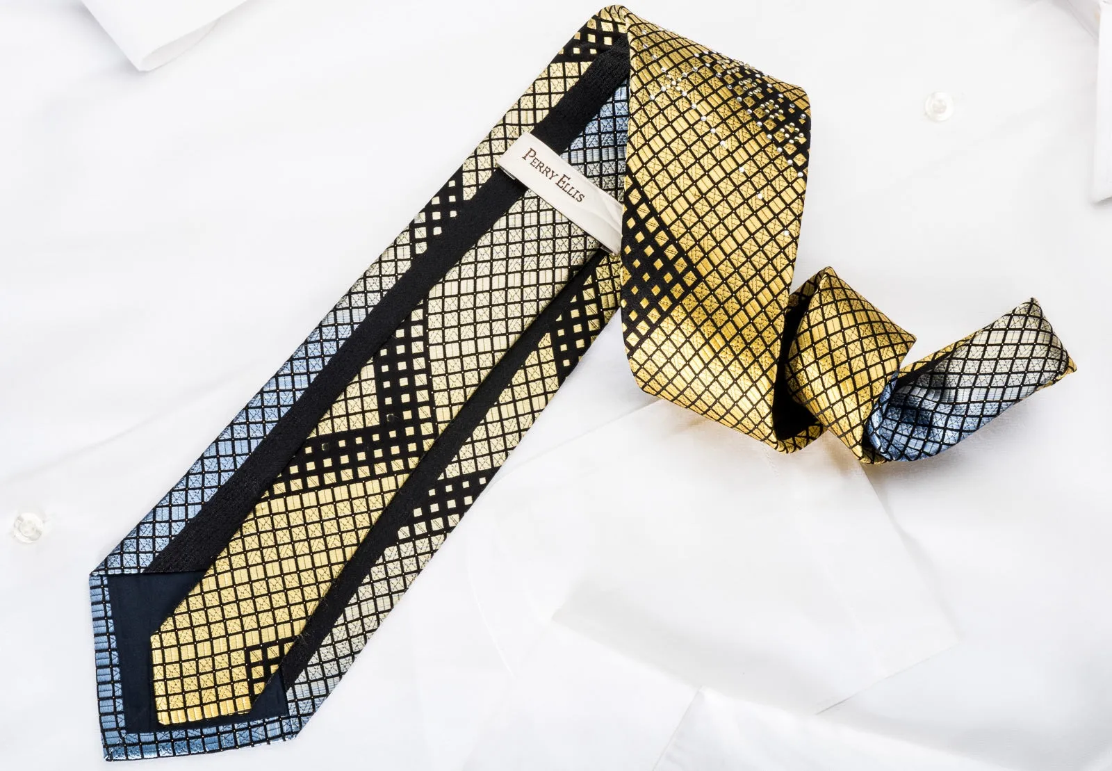Perry Ellis Rhinestone Necktie Yellow Blue Geometric Squares On Black With Silver Sparkles