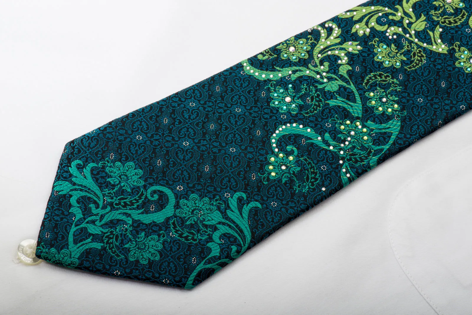 Perry Ellis Rhinestone Silk Necktie Green Turquoise Acanthus On Black With Silver Sparkles
