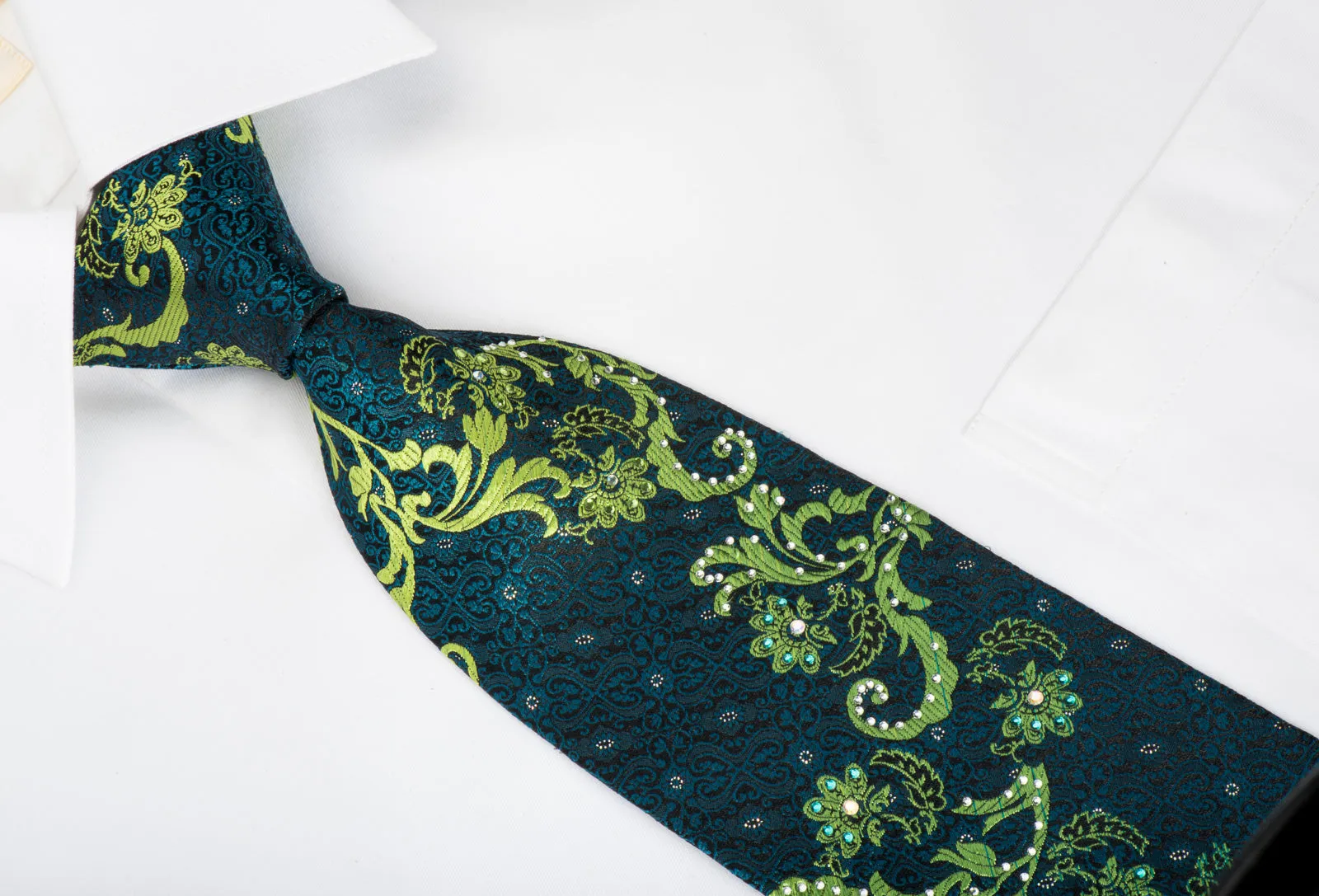 Perry Ellis Rhinestone Silk Necktie Green Turquoise Acanthus On Black With Silver Sparkles