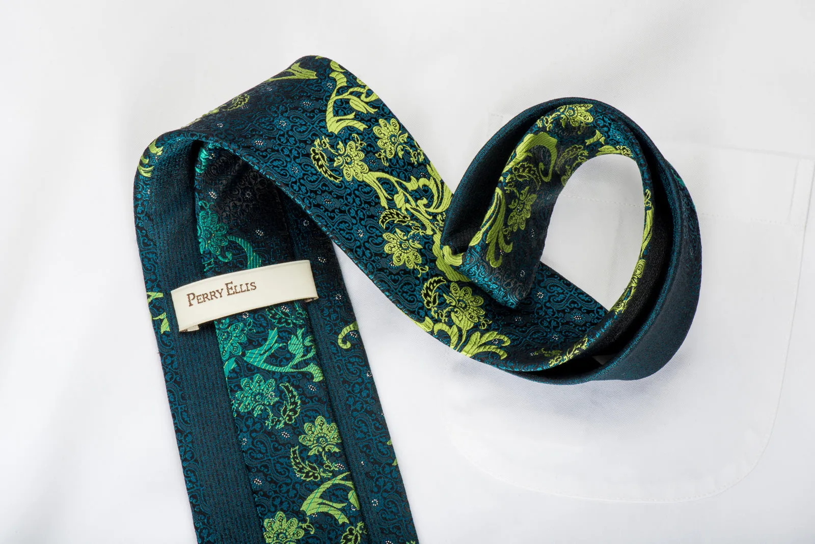Perry Ellis Rhinestone Silk Necktie Green Turquoise Acanthus On Black With Silver Sparkles