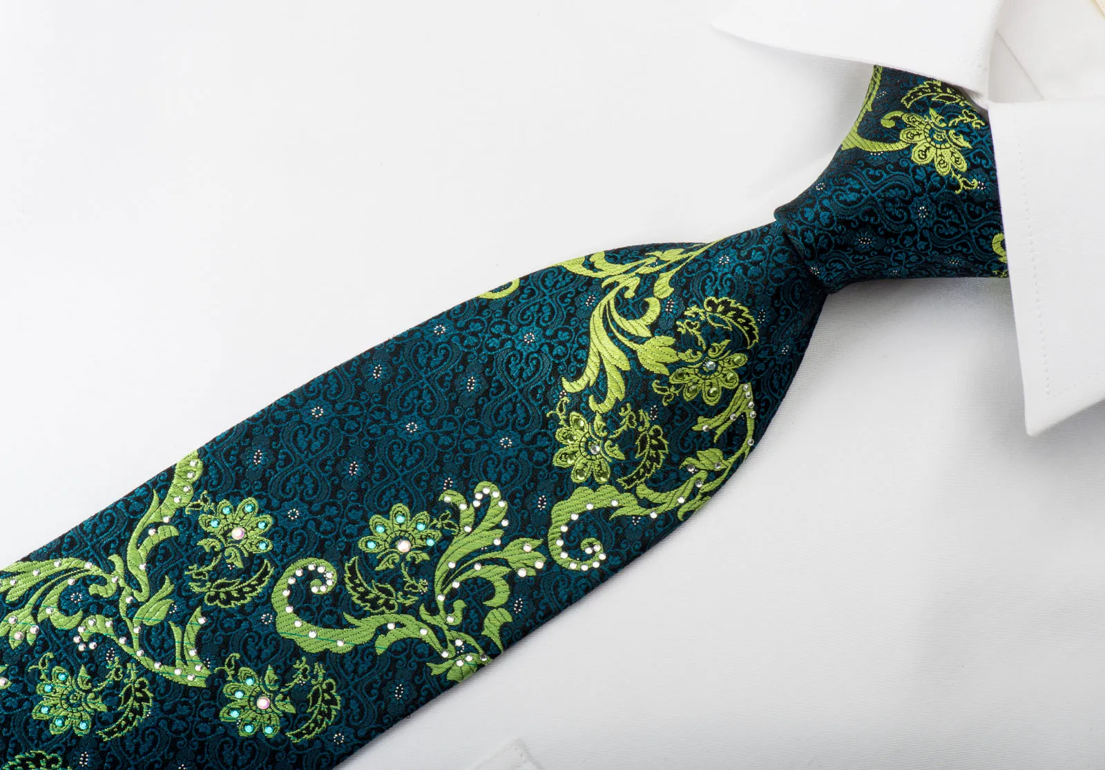 Perry Ellis Rhinestone Silk Necktie Green Turquoise Acanthus On Black With Silver Sparkles