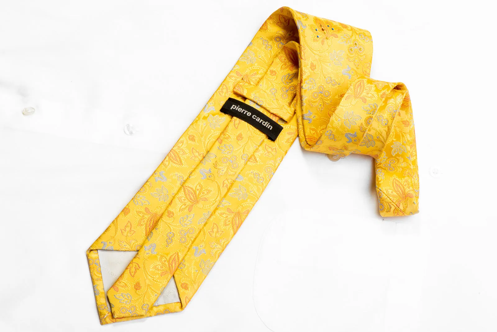 Pierre Cardin Rhinestone Silk Necktie Anthemion Floral On Yellow