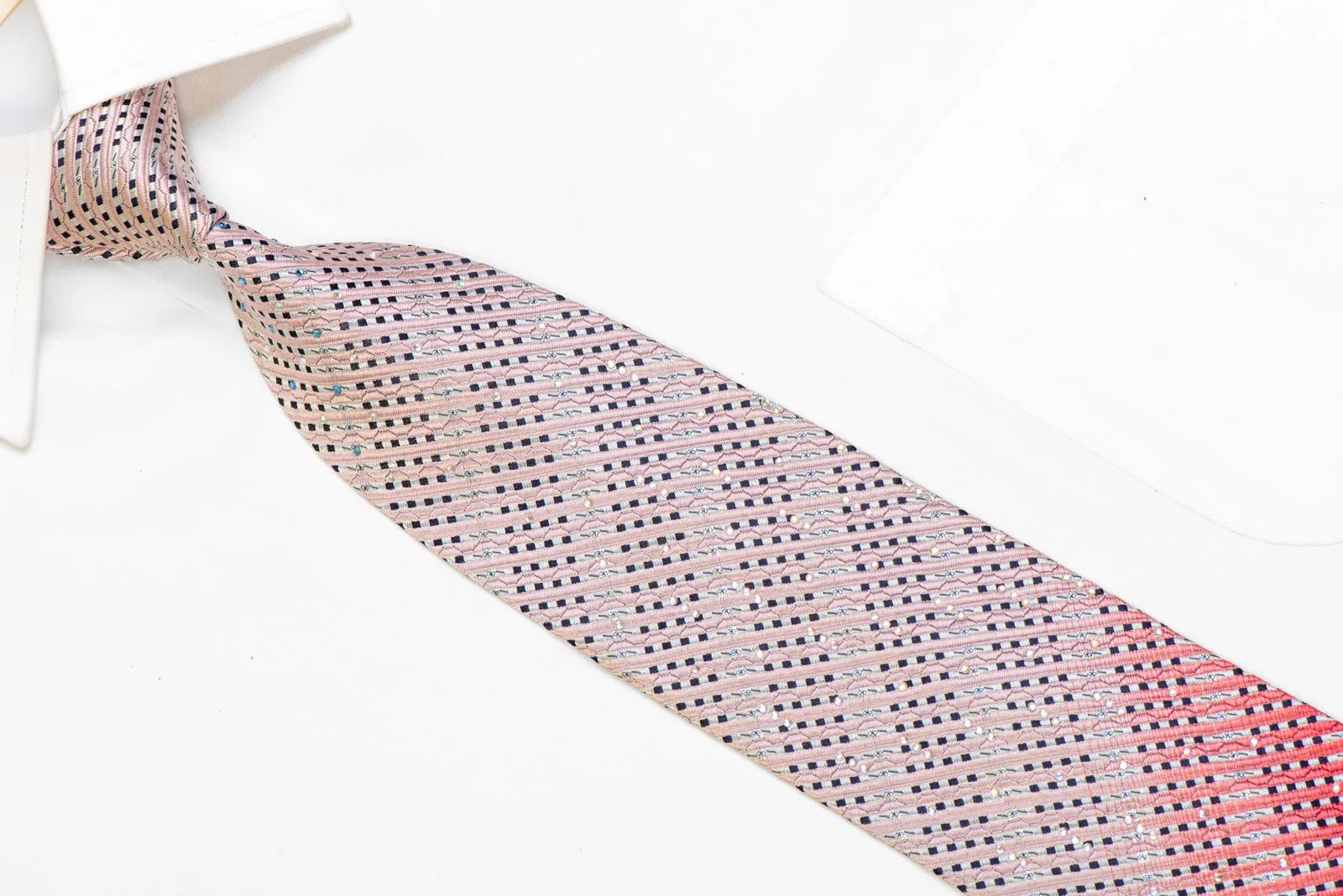 Pink Silver Striped Rhinestone Necktie With Silver Sparkles
