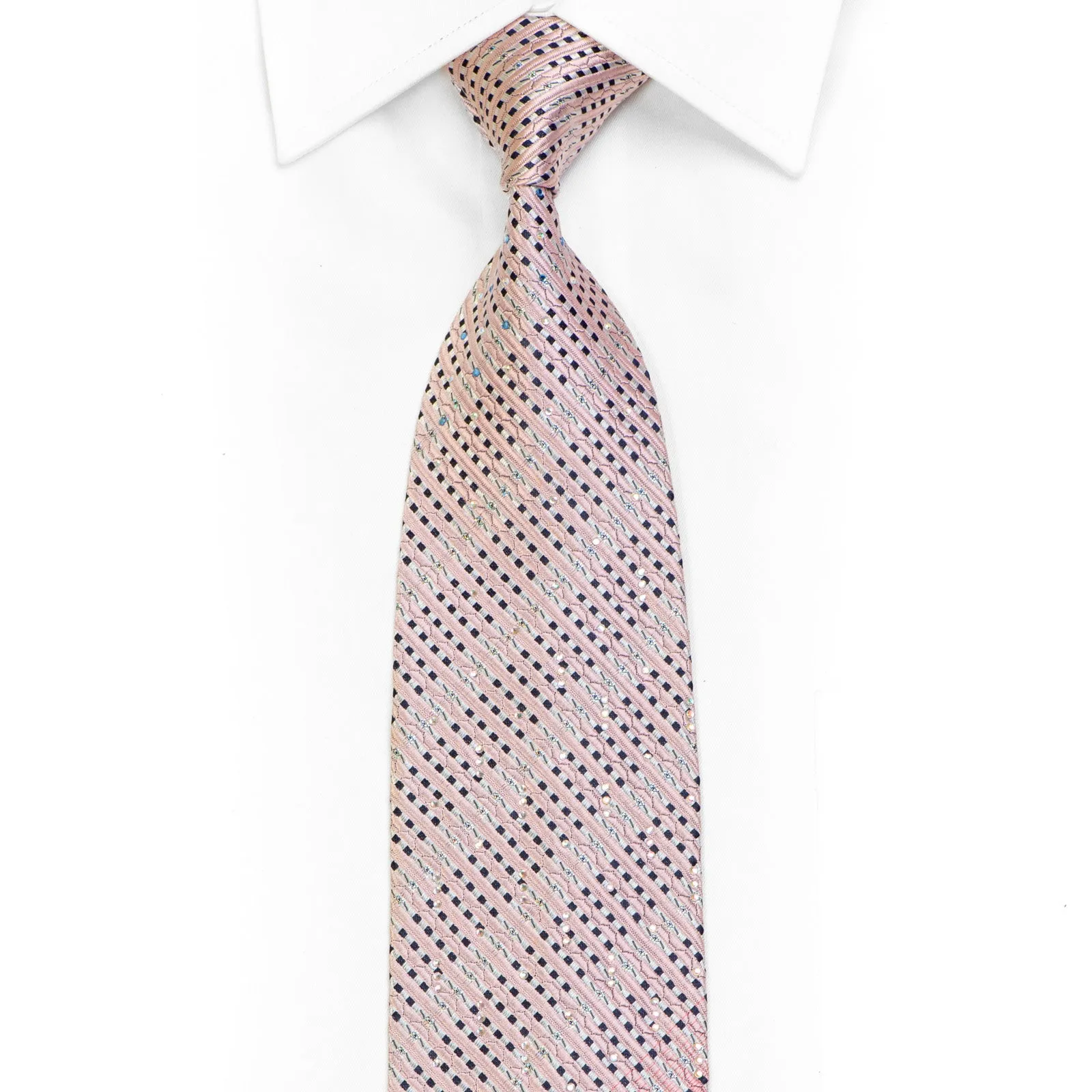 Pink Silver Striped Rhinestone Necktie With Silver Sparkles