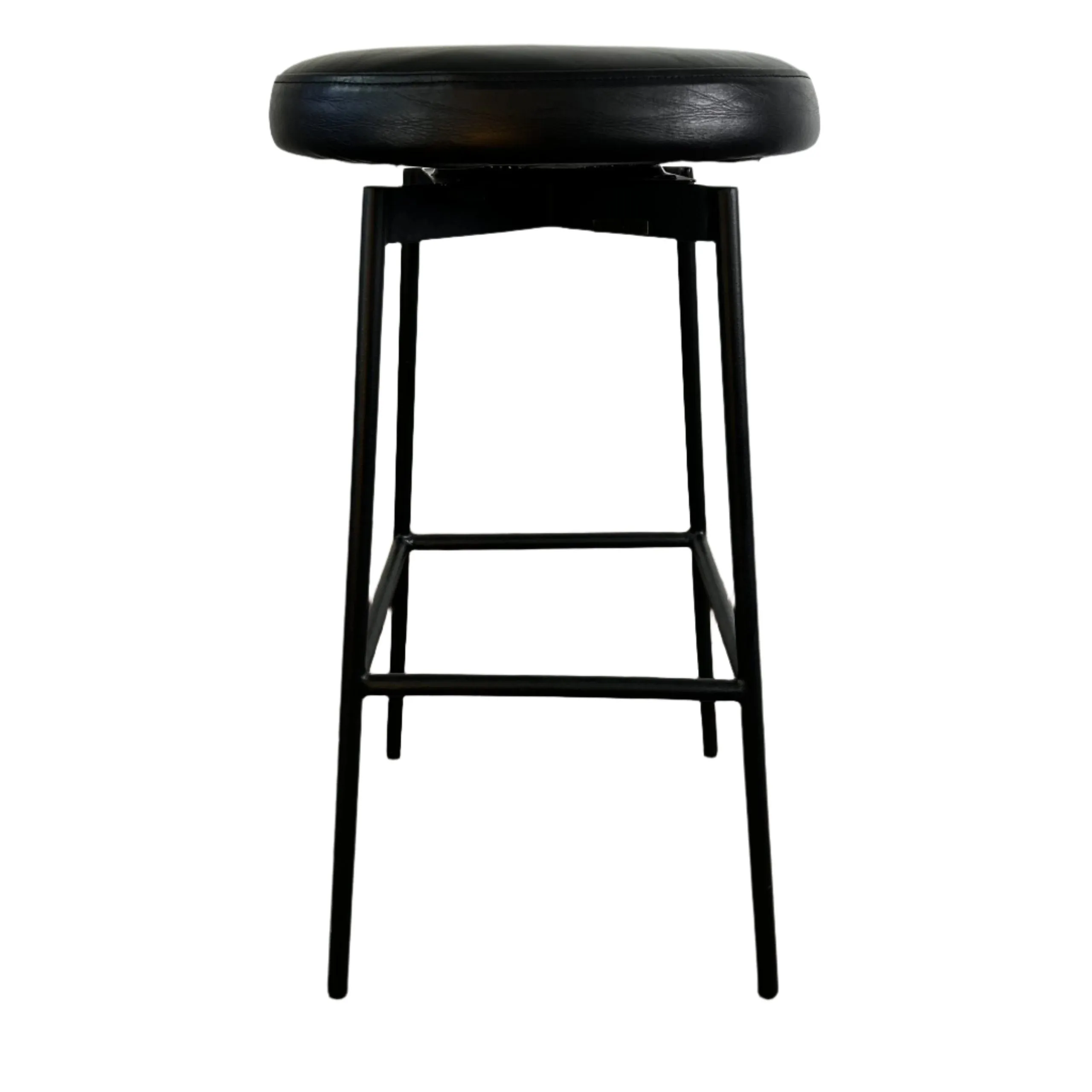 Pottery Barn Bar Stool, Swivel, Black Iron Base, Leather Round Cushion