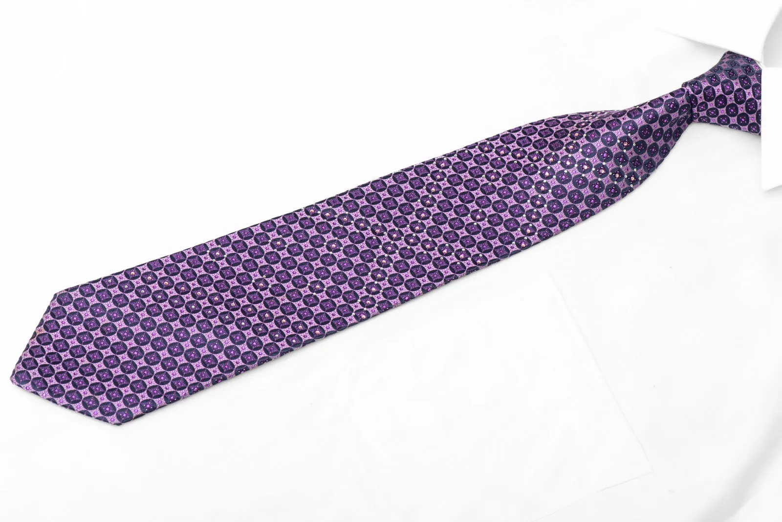 Purple Geometric On Navy Rhinestone Silk Necktie With Purple Sparkles