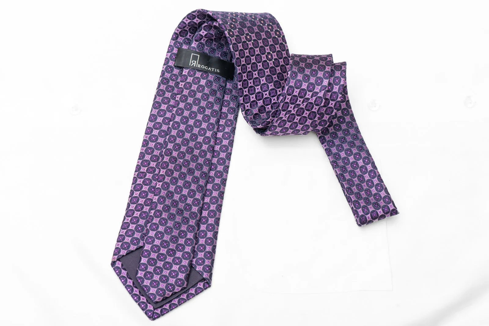 Purple Geometric On Navy Rhinestone Silk Necktie With Purple Sparkles