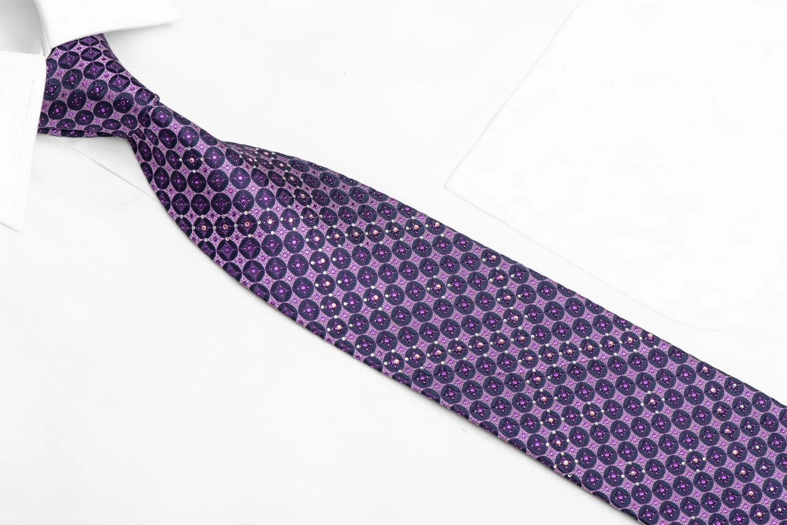 Purple Geometric On Navy Rhinestone Silk Necktie With Purple Sparkles