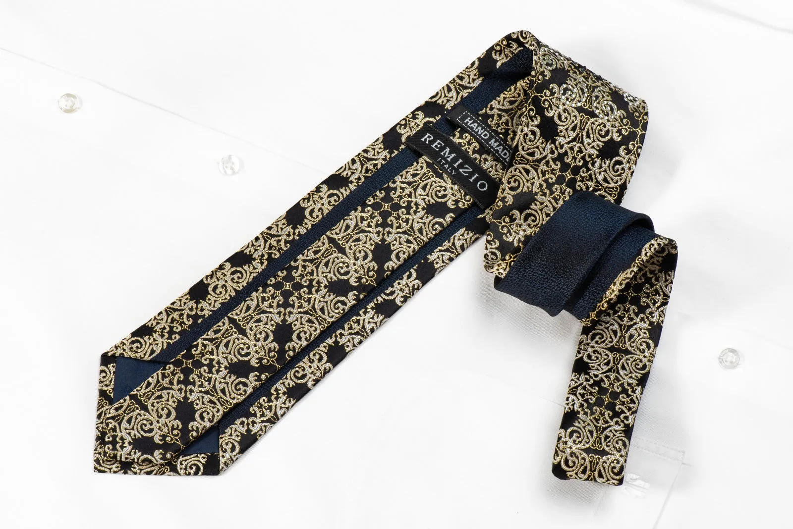 Remizio Men's Crystal Rhinestone Silk Necktie Gold Damask On Black With Sparkles