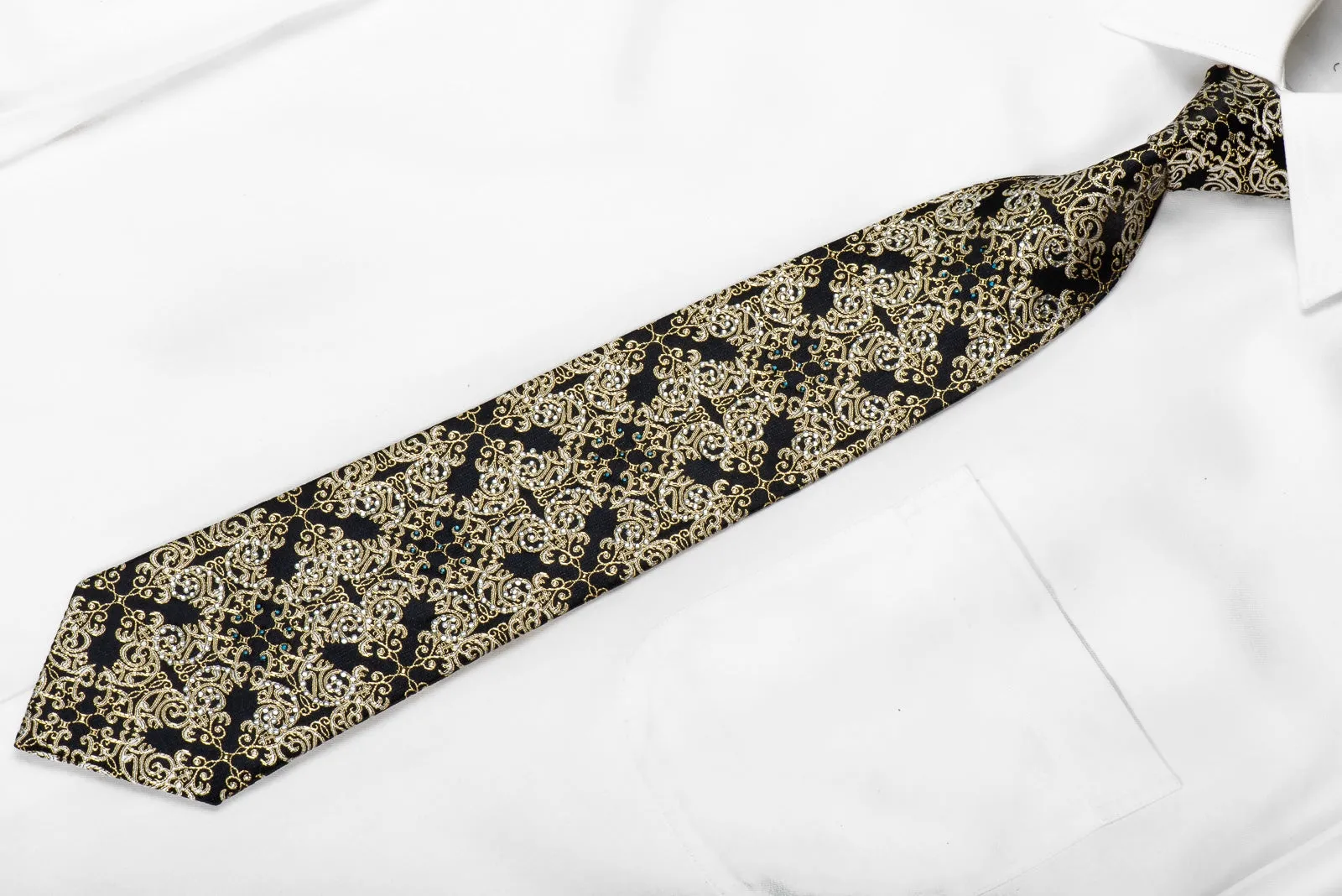 Remizio Men's Crystal Rhinestone Silk Necktie Gold Damask On Black With Sparkles