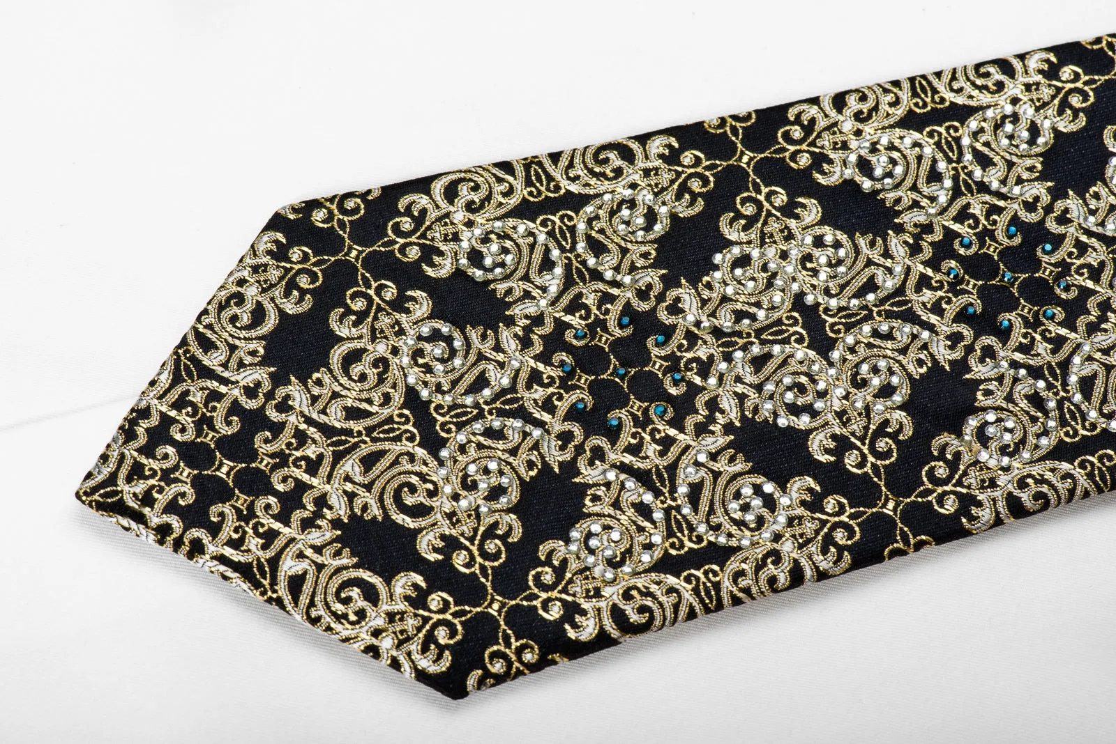 Remizio Men's Crystal Rhinestone Silk Necktie Gold Damask On Black With Sparkles